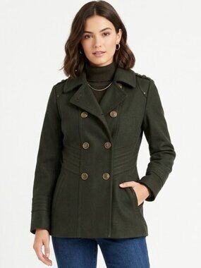 Kenneth Cole Women's Army Green Wool  Melton Pea Coat Size 8